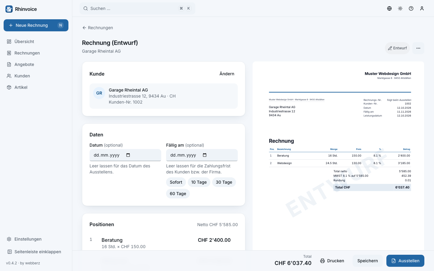 The invoice editor with its live paper preview